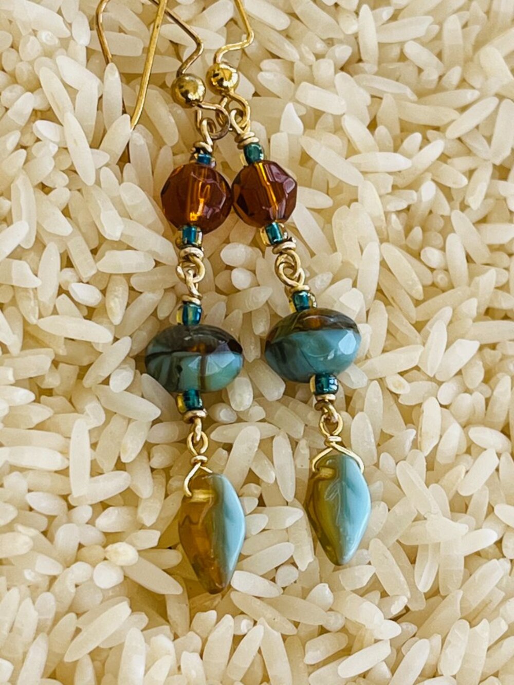 Amber & Aqua Blue Dangle Earrings | Boho Earrings | Handcrafted